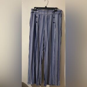 Robert Louis Women’s Pants Slacks Size L Blue White Striped‎ Stretchy Waistband